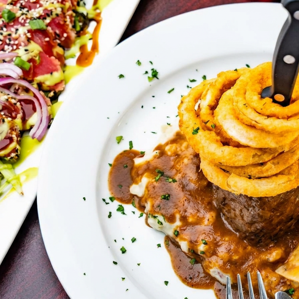 Two plated dishes feature seared tuna with sesame and onions, plus steak topped with onion rings, gravy, mashed potatoes, and vegetables.