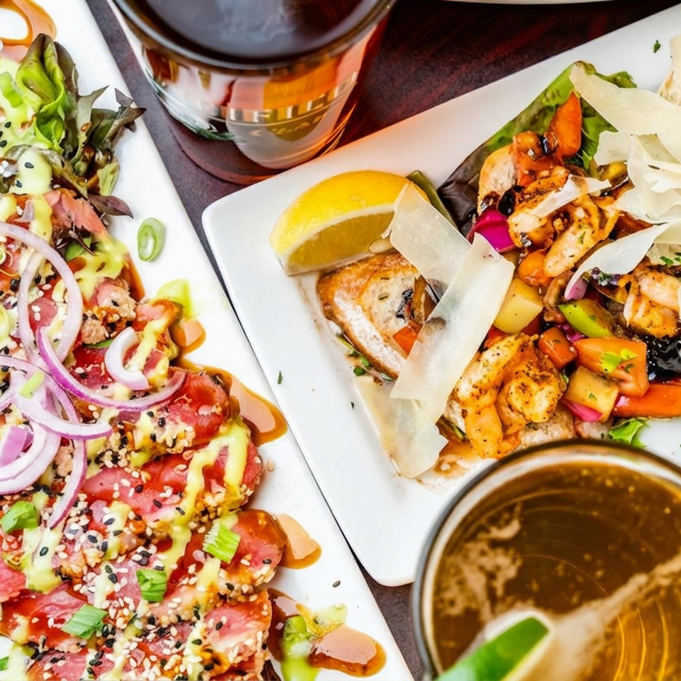 Overhead view of seared tuna salad and grilled shrimp with vegetables, lemon, shaved cheese, and drinks on a restaurant table.