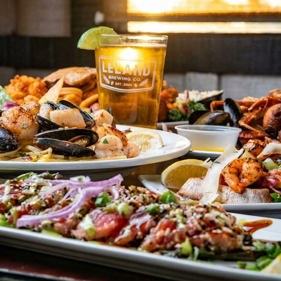 Restaurant table featuring seafood platters, shrimp, mussels, crab, fried dishes, garnishes, lemon wedges, and a beer glass.