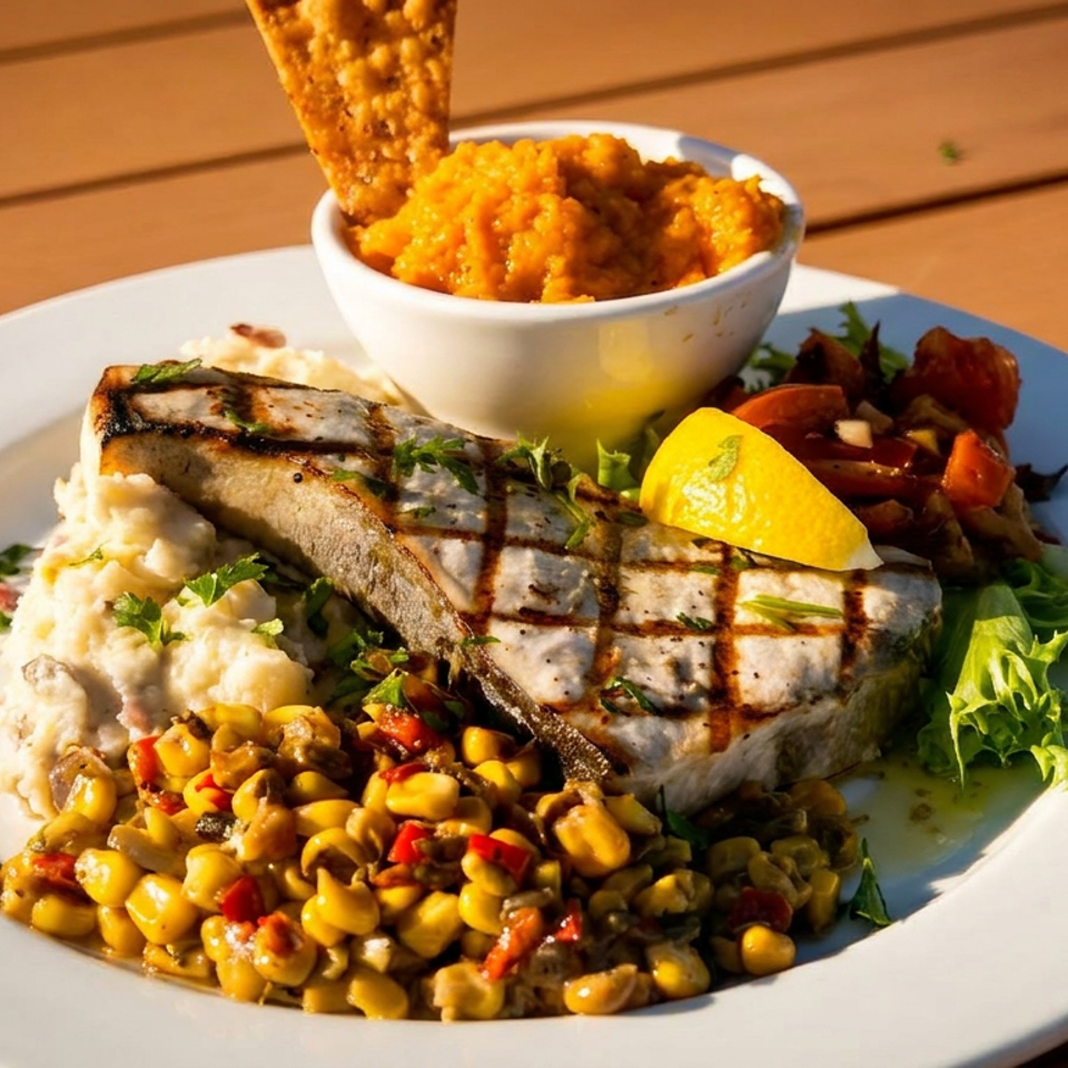 Grilled fish fillet with mashed potatoes, corn and bean relish, salad, lemon wedge, and orange sauce on a white plate.