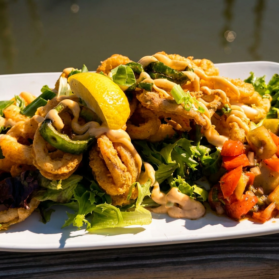 Crispy fried seafood and vegetables piled over leafy greens with lemon and creamy sauce on a white platter outdoors.