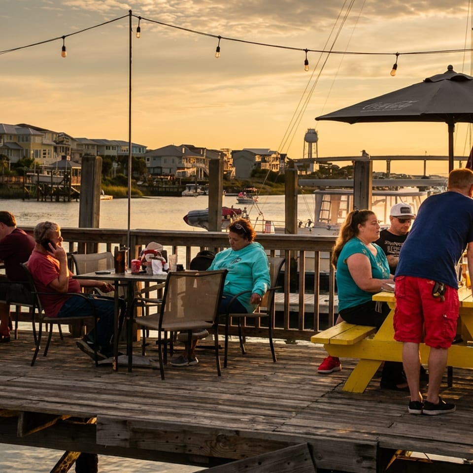 Diners enjoy a waterfront restaurant deck at sunset, with string lights, picnic tables, boats, and coastal homes in the background.